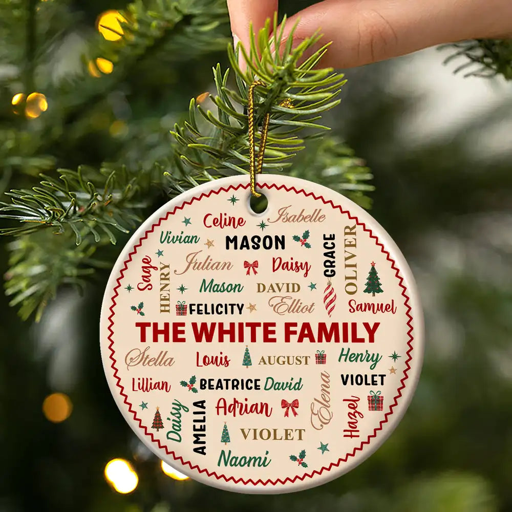 Christmas,Family,Custom Text,Happy - Family Name Christmas Pattern - Personalized Ceramic Ornament