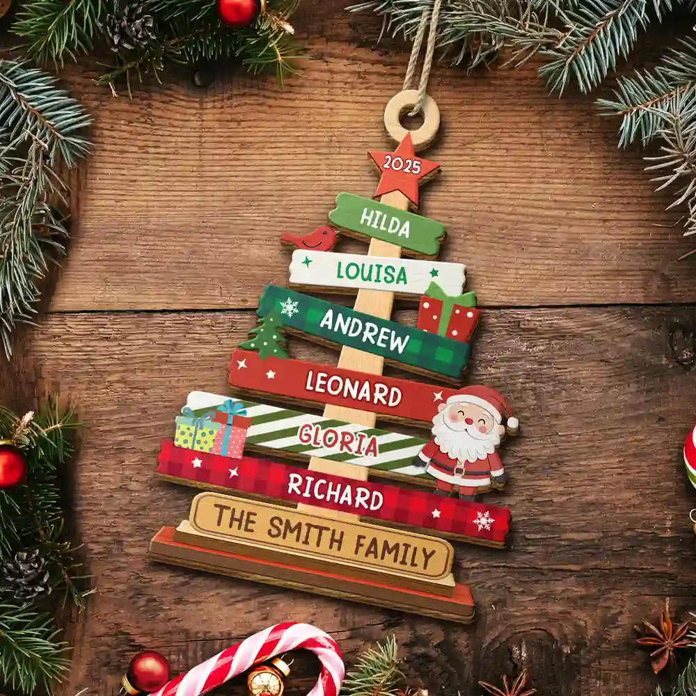 Family,Parents,Gift For Grandparents,Gift For Kids,Gift For Sibling,Gift For Brothers,Gift For Sisters,Christmas,Happy - Family Names Christmas Tree - Personalized Custom Shaped Wooden Ornament