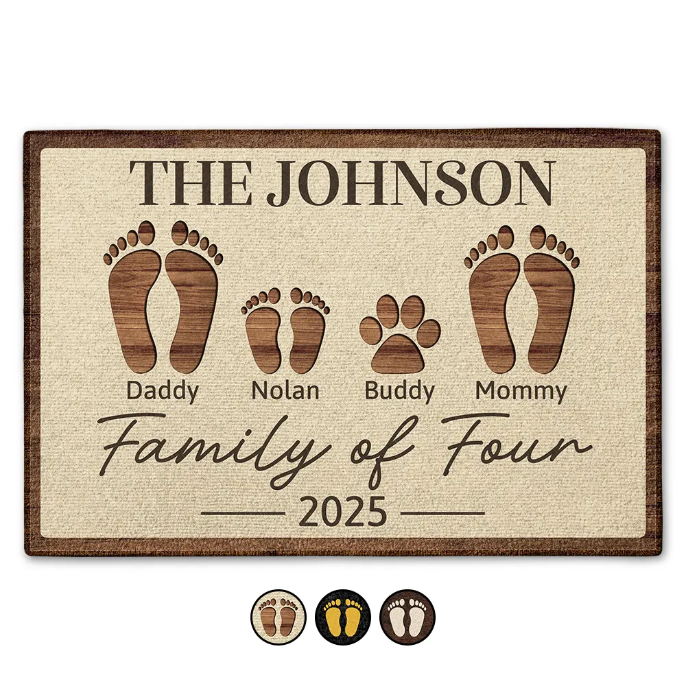 Family,Gift For Couples,Happy - Family Of Four Footprints Kids And Pets Custom Names - Personalized Doormat