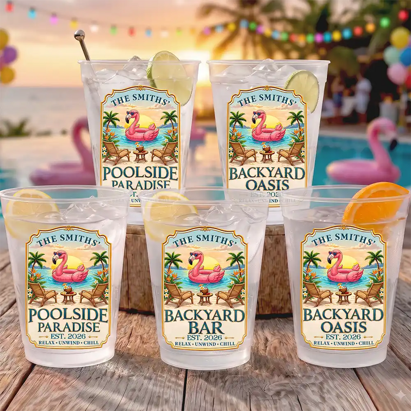 Top Market,Family,Outdoor Decor,Custom Text,Happy - Family Poolside Paradise Backyard Flamingo Party Cups - Personalized Frosted Cups
