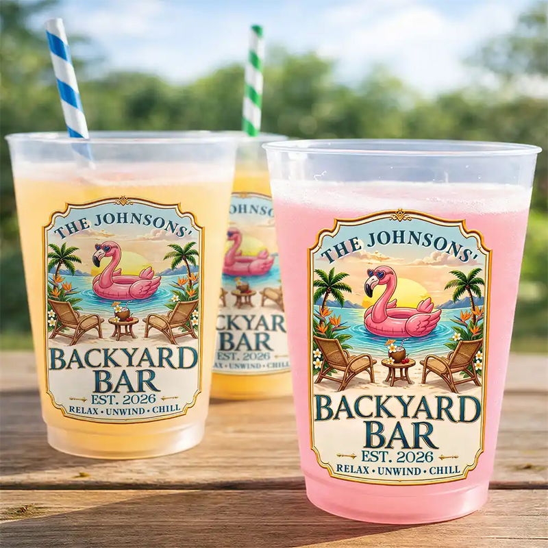 Top Market,Family,Outdoor Decor,Custom Text,Happy - Family Poolside Paradise Backyard Flamingo Party Cups - Personalized Frosted Cups