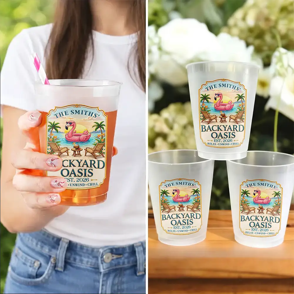 Top Market,Family,Outdoor Decor,Custom Text,Happy - Family Poolside Paradise Backyard Flamingo Party Cups - Personalized Frosted Cups