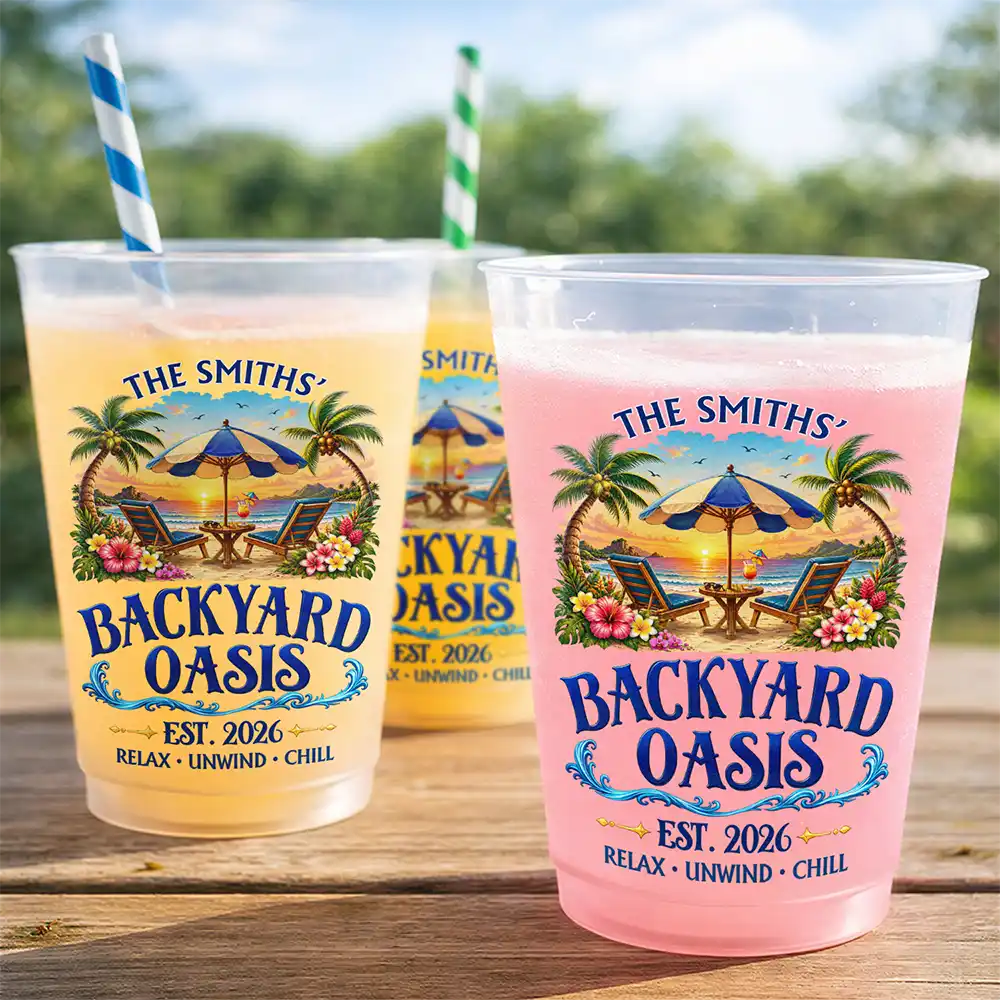 Top Market,Family,Poolside,Outdoor Decor,Custom Text,Happy - Family Poolside Paradise Backyard Party Cups - Personalized Frosted Cups