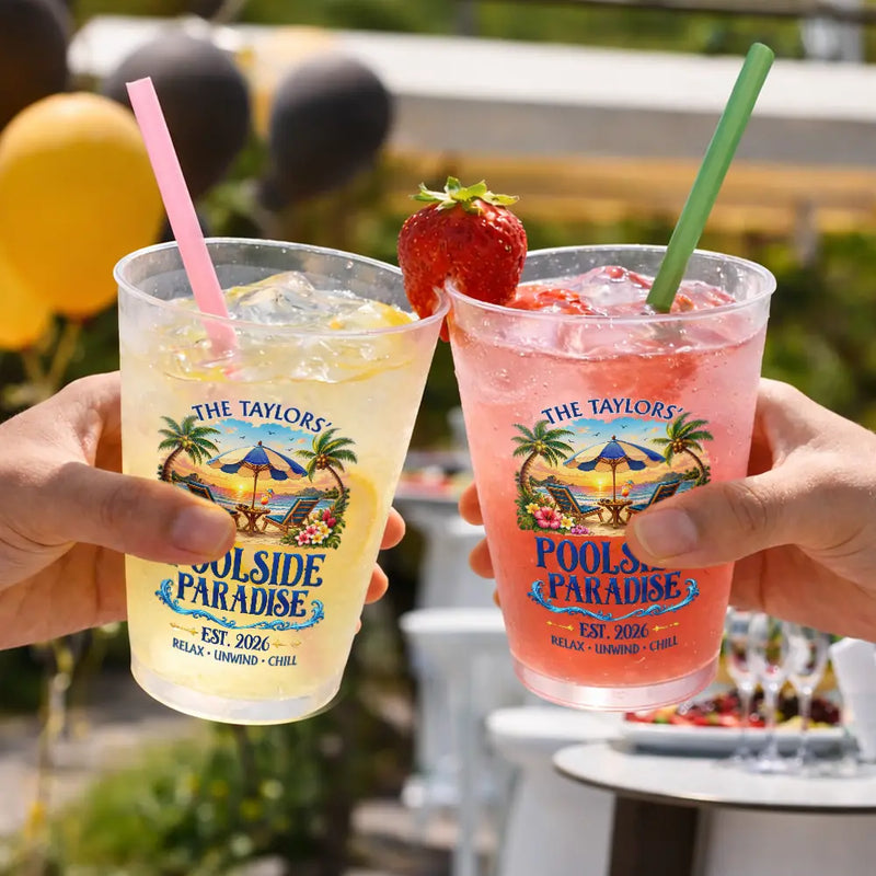 Top Market,Family,Poolside,Outdoor Decor,Custom Text,Happy - Family Poolside Paradise Backyard Party Cups - Personalized Frosted Cups