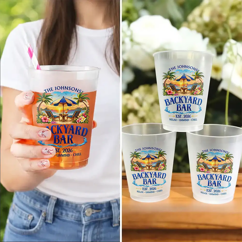 Top Market,Family,Poolside,Outdoor Decor,Custom Text,Happy - Family Poolside Paradise Backyard Party Cups - Personalized Frosted Cups