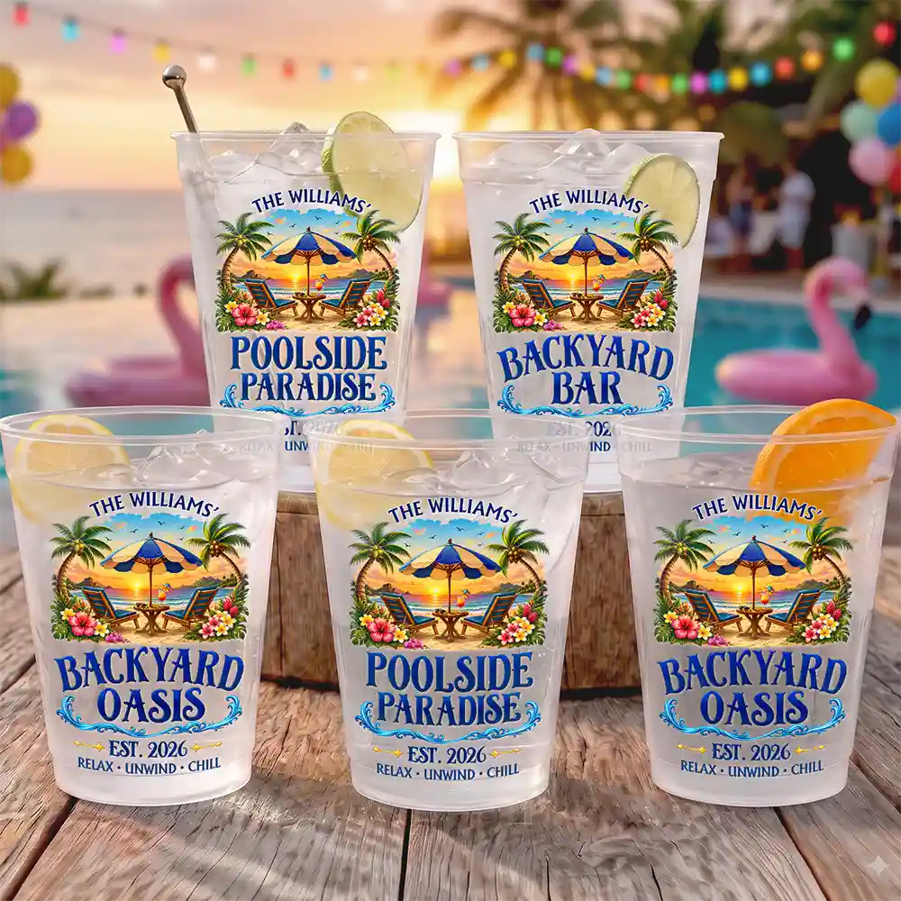 Family Poolside Paradise Backyard Party Cups - Personalized Frosted Cups