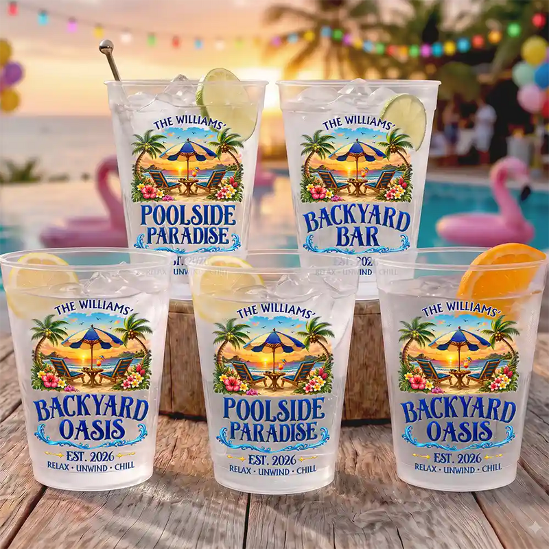 Top Market,Family,Poolside,Outdoor Decor,Custom Text,Happy - Family Poolside Paradise Backyard Party Cups - Personalized Frosted Cups