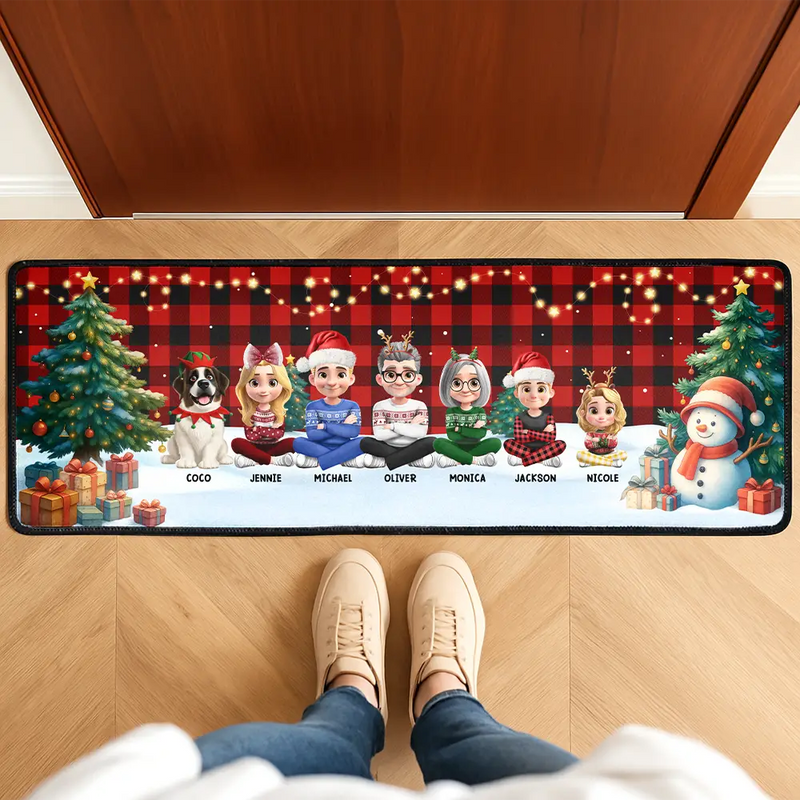 Family, Parents, Gift For Grandparents, Gift For Kids, Happy, Christmas, Top Market - Family Sitting Christmas Plaid Pattern - Personalized Runner Rug