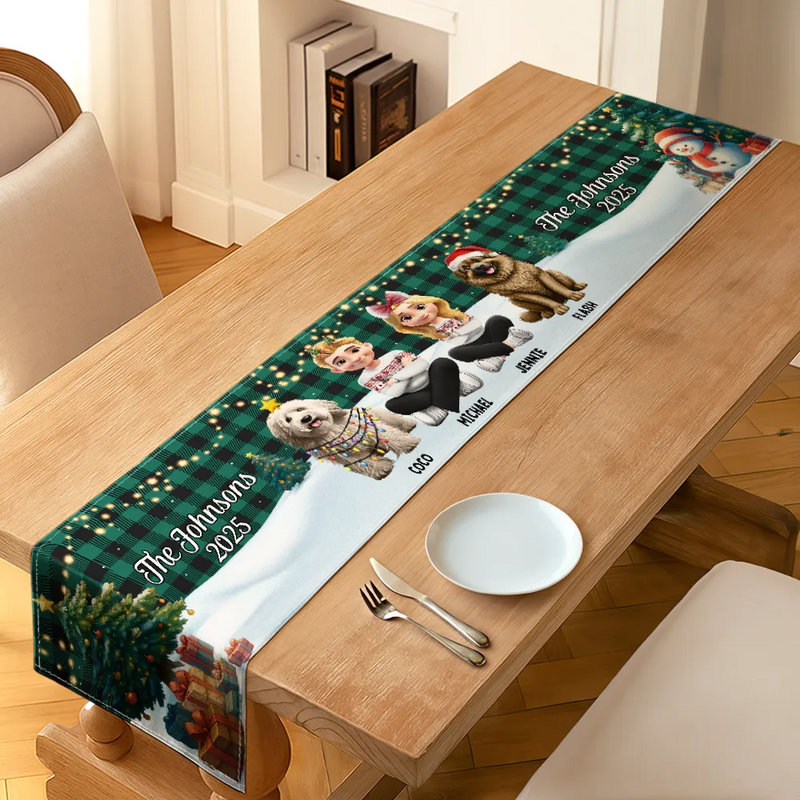 Family, Parents, Gift For Grandparents, Happy, Christmas,Top Market-Family Sitting Christmas Plaid Pattern - Personalized Table Runner