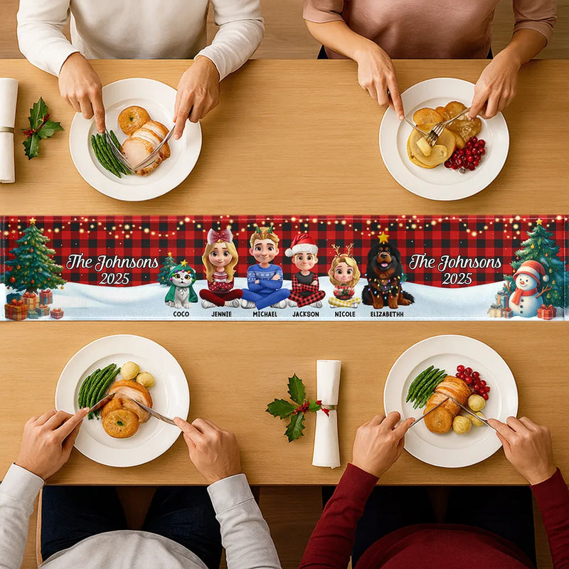 Family, Parents, Gift For Grandparents, Happy, Christmas,Top Market-Family Sitting Christmas Plaid Pattern - Personalized Table Runner