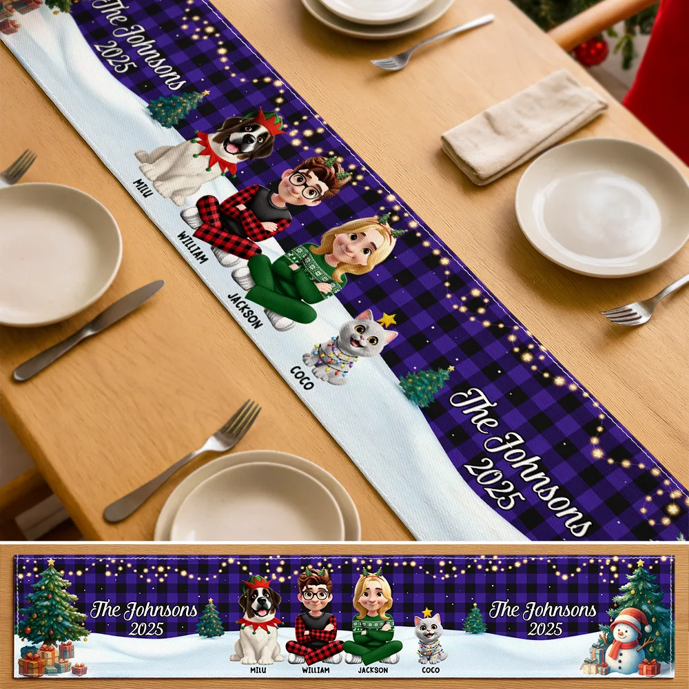 Family, Parents, Gift For Grandparents, Happy, Christmas,Top Market-Family Sitting Christmas Plaid Pattern - Personalized Table Runner