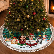 Gift For Wife,Christmas,Gift For Couples,Vector,Happy - Family Sitting Christmas Plaid Pattern - Personalized Tree Skirt
