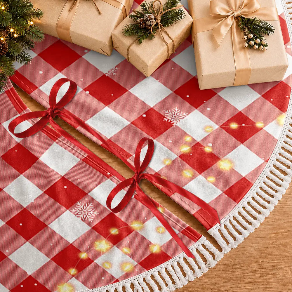 Gift For Wife,Christmas,Gift For Couples,Vector,Happy - Family Sitting Christmas Plaid Pattern - Personalized Tree Skirt