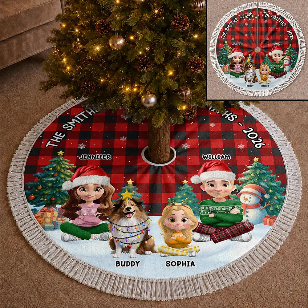 Gift For Wife,Christmas,Gift For Couples,Vector,Happy - Family Sitting Christmas Plaid Pattern - Personalized Tree Skirt