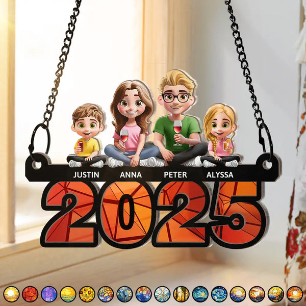 Family,Happy - Family Sitting On Year 3D Effect - Personalized Window Hanging Suncatcher Ornament