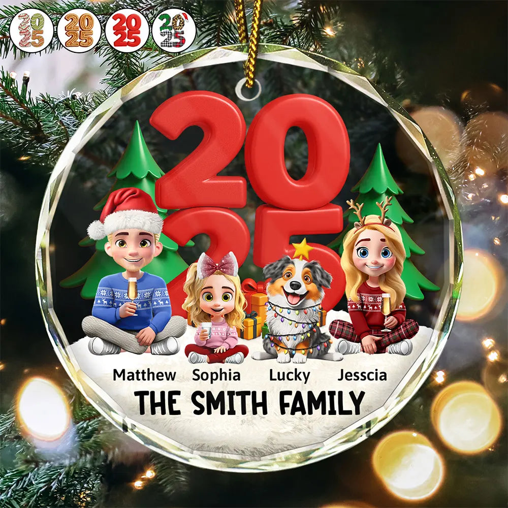 Christmas,Family,Happy - Family Sitting Together - Personalized Circle Glass Ornament