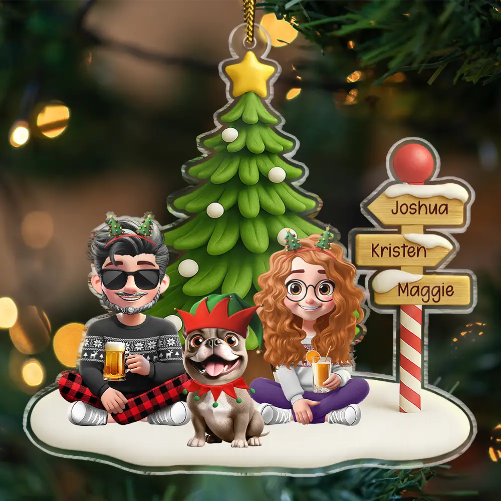 Family,Happy,Christmas,Pet Lovers - Family Sitting Together Sign Post - Personalized Custom Shaped Acrylic Ornament
