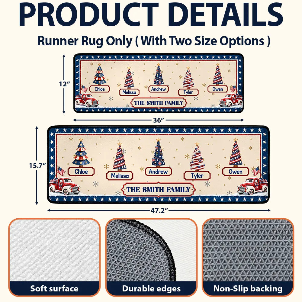 Sentimental,America 250th,Christmas,Family,Icon - Family Stars & Stripes Christmas Trees - Personalized Runner Rug