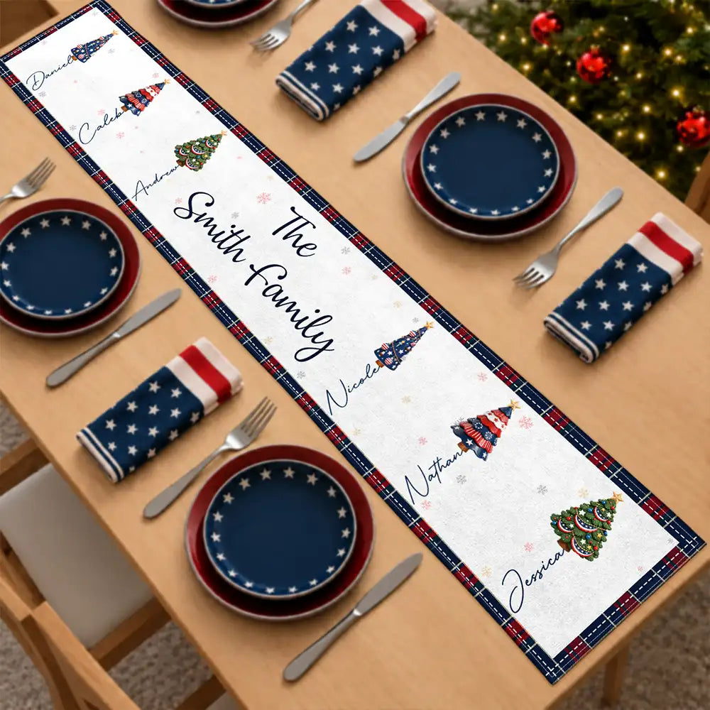 Family Stars & Stripes Christmas Trees - Personalized Table Runner
