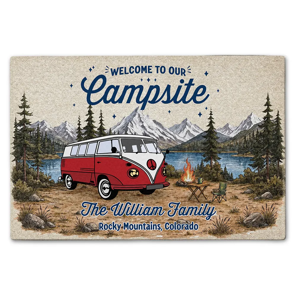 Summer, Camping, Family, Cozy, Icon - Family Welcome To Our Campsite - Personalized Doormat