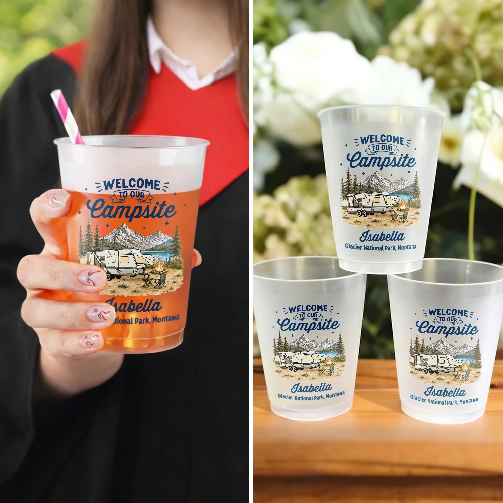 Summer, Top Market, Camping, Family, Cozy, Icon - Family Welcome To Our Campsite - Personalized Frosted Cups