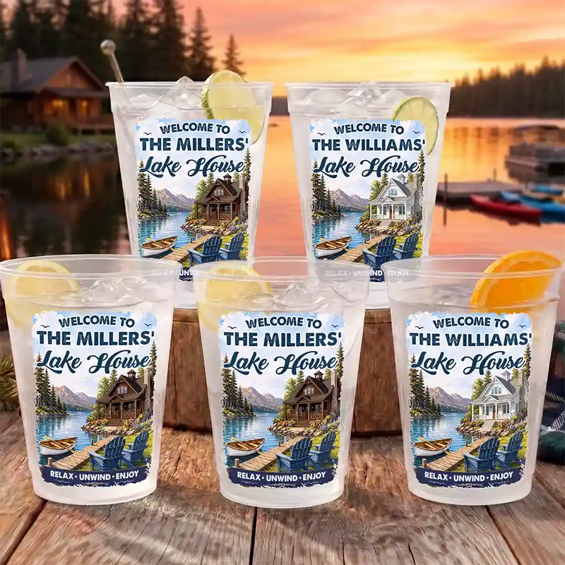 Family,Summer,Outdoor Decor,Lake,Icon,Happy - Family Welcome To Our Lake House - Personalized Frosted Cups