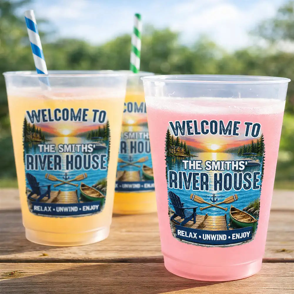 Top Market,Family,Summer,Outdoor Decor,Lake,Custom Text,Happy - Family Welcome To Our Lake House Party - Personalized Frosted Cups