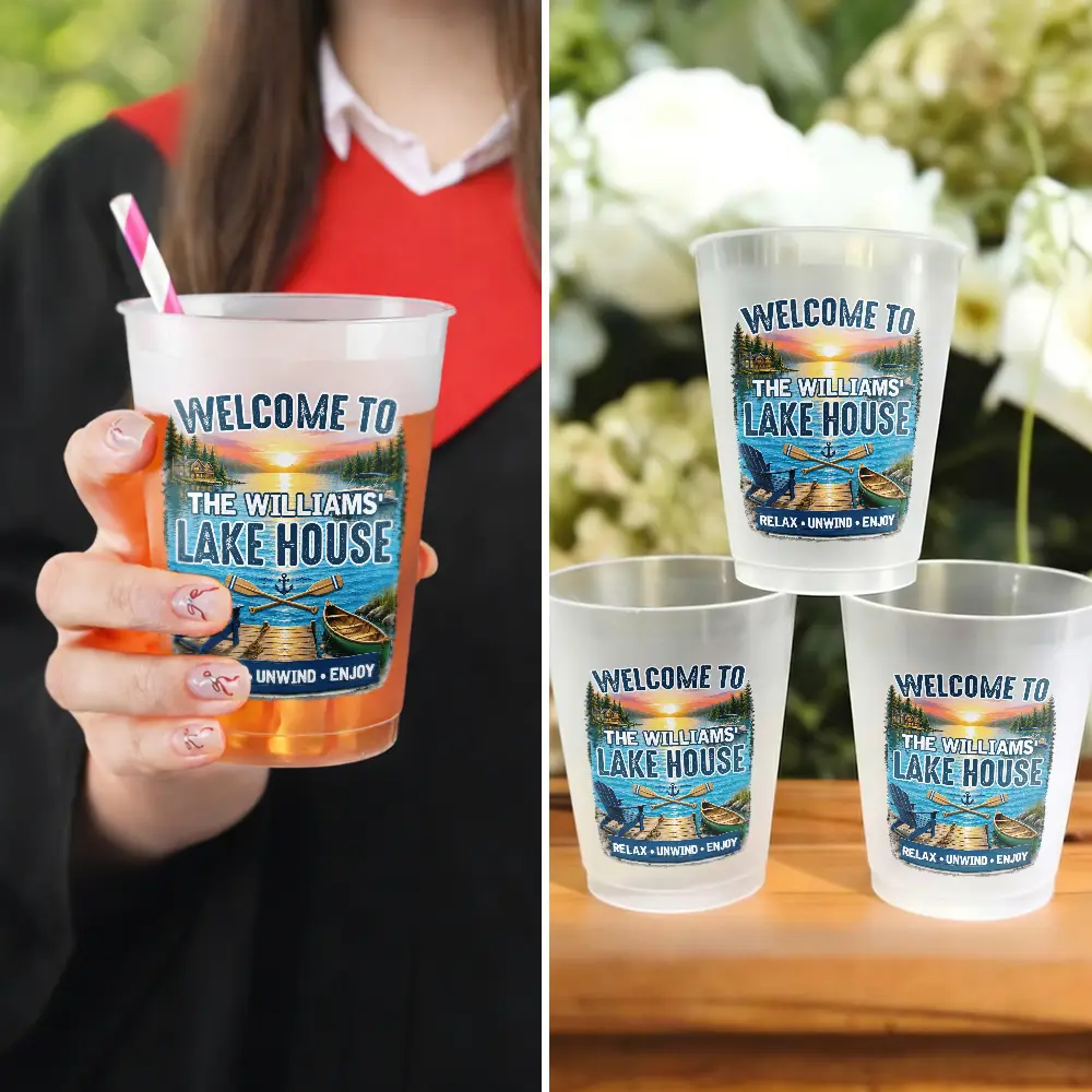 Top Market,Family,Summer,Outdoor Decor,Lake,Custom Text,Happy - Family Welcome To Our Lake House Party - Personalized Frosted Cups
