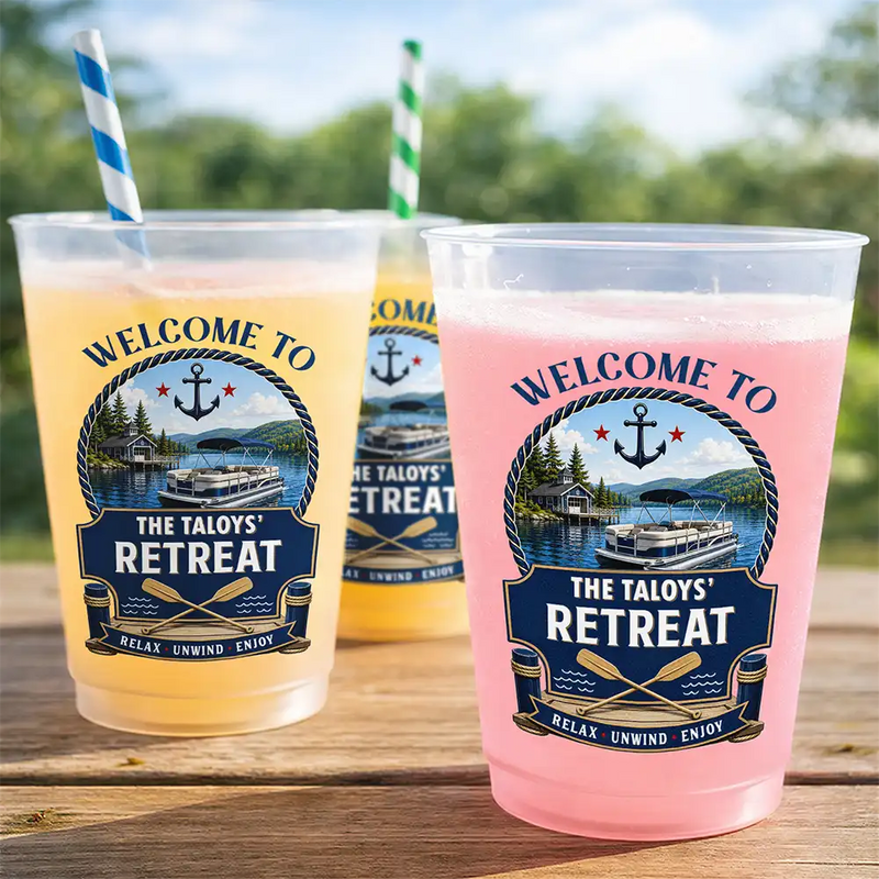 Family,Summer,Outdoor Decor,Lake,Custom Text,Happy - Family Welcome To Our Lake House Relax Unwind Enjoy - Personalized Frosted Cups