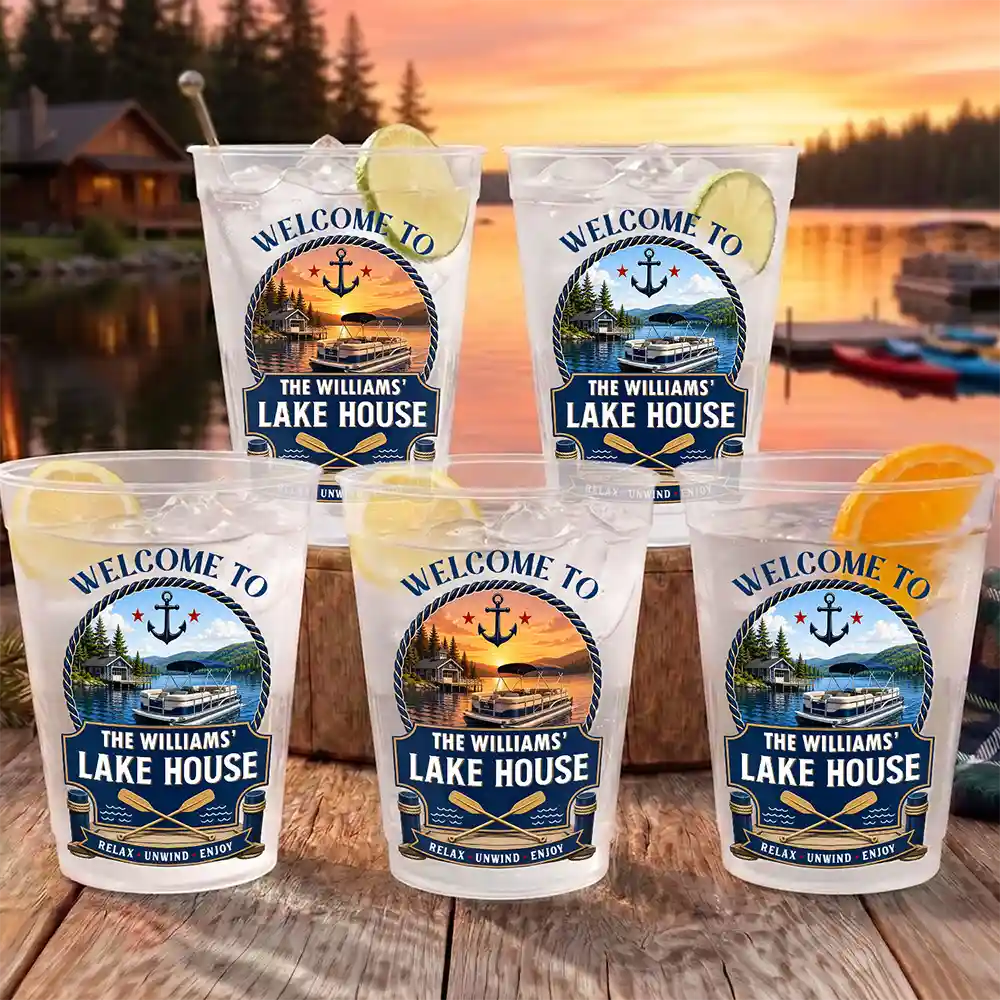 Family,Summer,Outdoor Decor,Lake,Custom Text,Happy - Family Welcome To Our Lake House Relax Unwind Enjoy - Personalized Frosted Cups