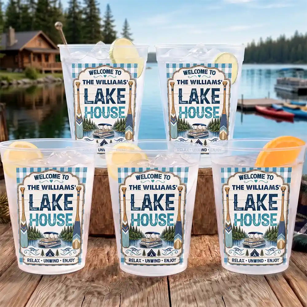 Family,Summer,Outdoor Decor,Lake,Custom Text,Happy - Family Welcome To Our Lake House River House - Personalized Frosted Cups