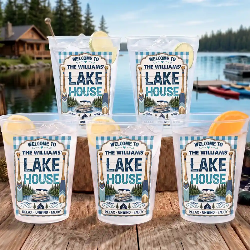 Family,Summer,Outdoor Decor,Lake,Custom Text,Happy - Family Welcome To Our Lake House River House - Personalized Frosted Cups