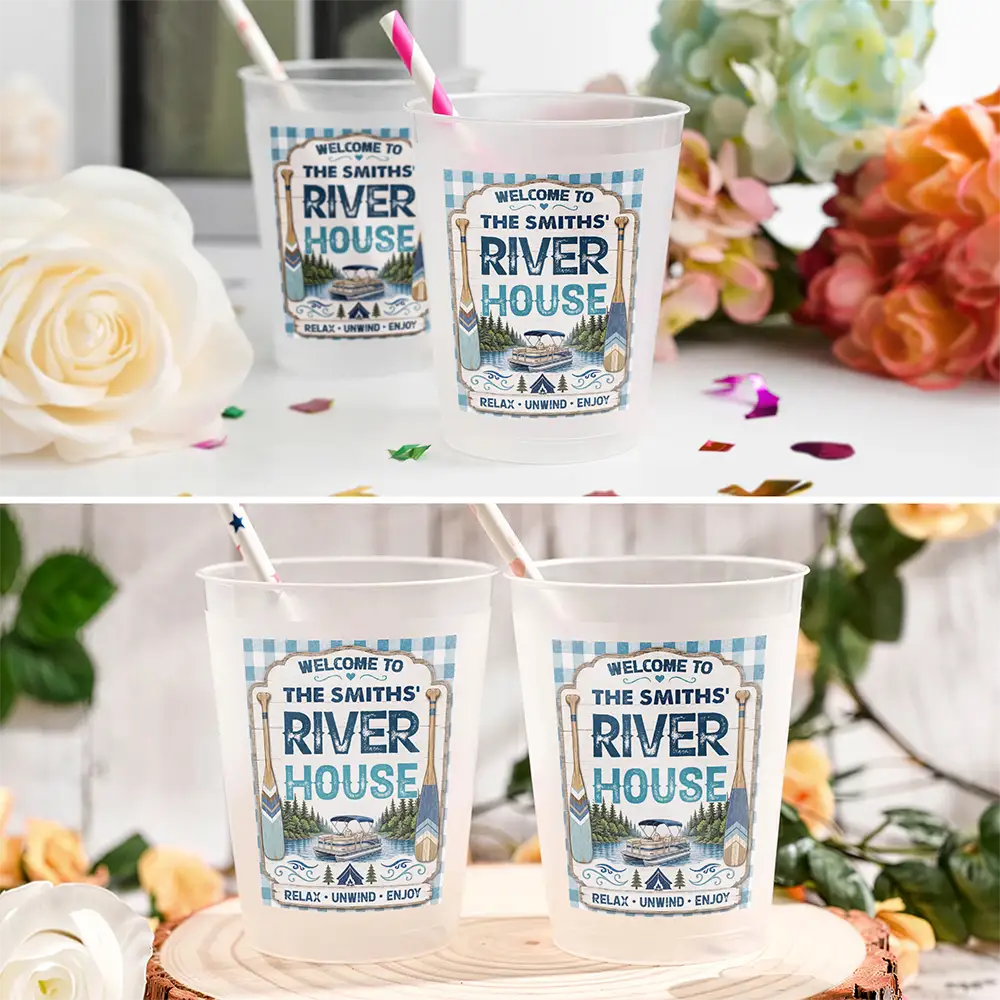 Family,Summer,Outdoor Decor,Lake,Custom Text,Happy - Family Welcome To Our Lake House River House - Personalized Frosted Cups