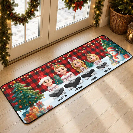 Family Sitting Christmas Plaid Pattern - Personalized Runner Rug