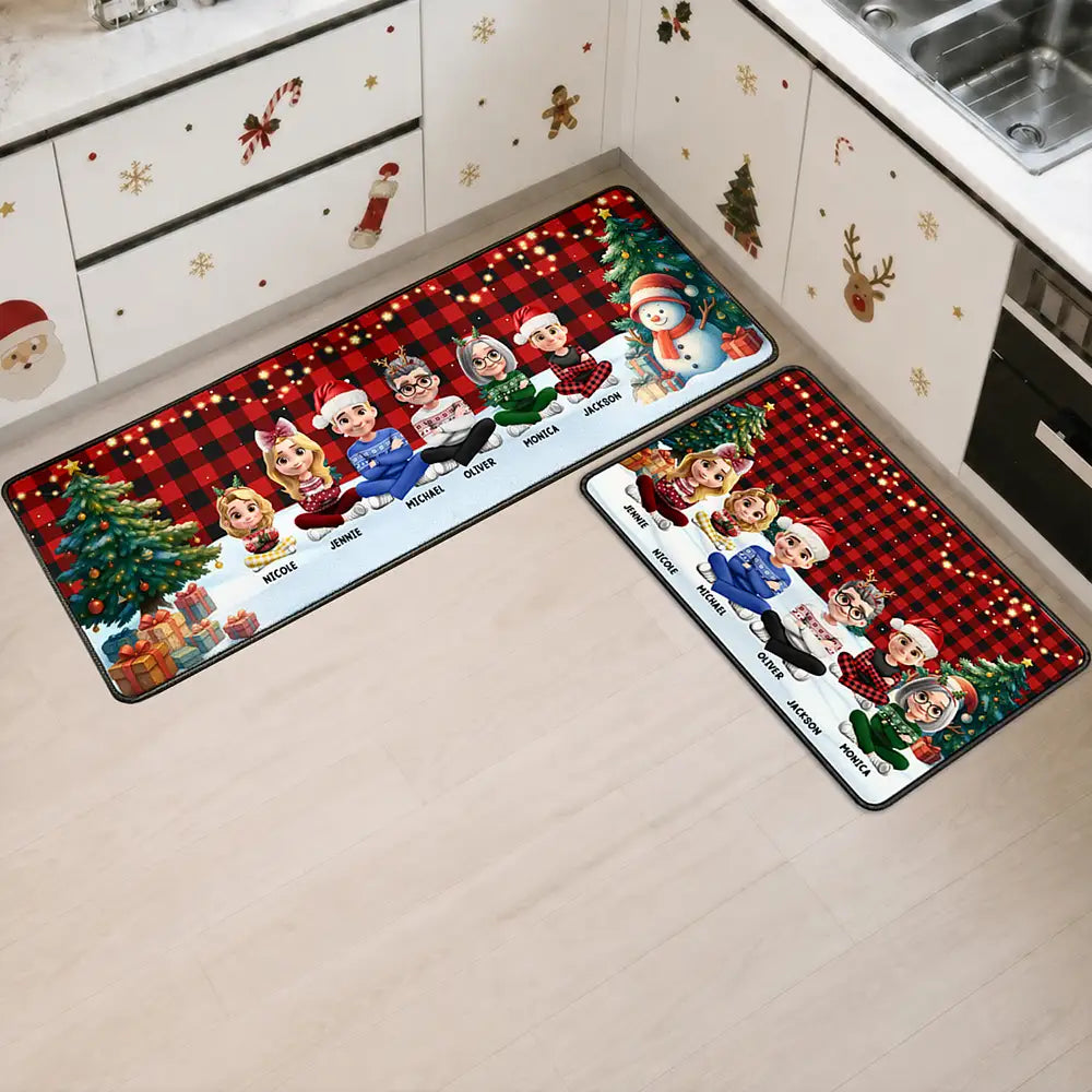 Family Sitting Christmas Plaid Pattern - Personalized Runner Rug