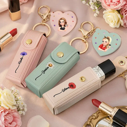 Fancy Girl Woman Bloom In Love - Personalized Leather Lipstick Case Keychain With Mirror
