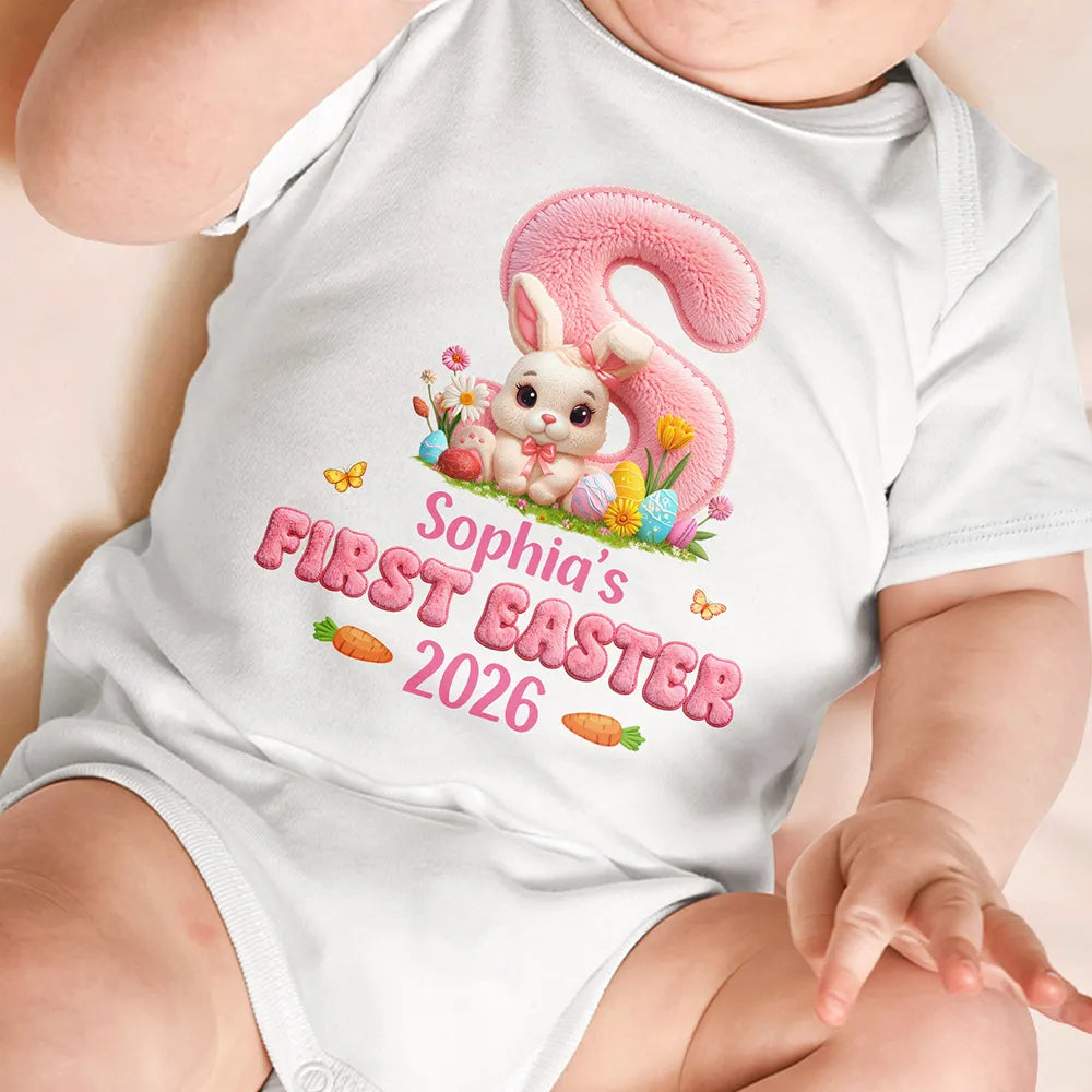 Easter,Gift For Kids,Grandma - Grandkids,Gift For Grandkids,Grandpa - Grandkids,Dad - Children,Mom - Children,Happy - Faux Chenille Bunny Alphabet Letters - Personalized Baby Onesie
