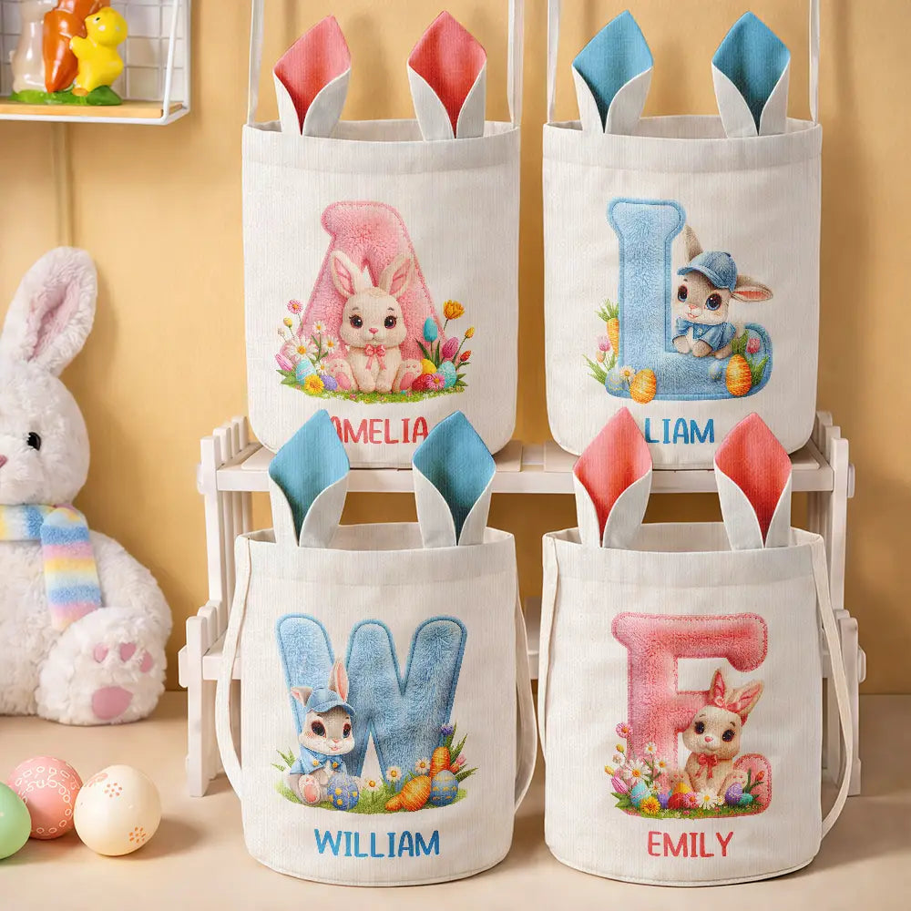 Easter,Gift For Kids,Grandma - Grandkids,Gift For Grandkids,Grandpa - Grandkids,Dad - Children,Mom - Children,Happy - Faux Chenille Bunny Alphabet Letters - Personalized Bunny Ears Bucket Bag