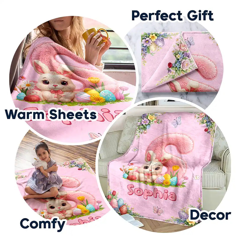 Easter,Non-Eng,Gift For Kids,Gift For Grandkids,Grandma - Grandkids,Grandpa - Grandkids,Dad - Children,Mom - Children,Happy - Faux Chenille Bunny Alphabet Letters - Personalized Fleece Blanket, Sherpa Blanket