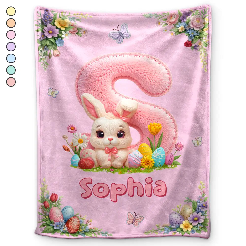 Faux Embroidery Effect Chenille Bunny Alphabet Letters - Personalized Fleece Blanket, Sherpa Blanket