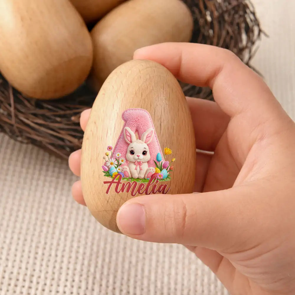 Easter,Non-Eng,Gift For Kids,Gift For Grandkids,Grandma - Grandkids,Grandpa - Grandkids,Dad - Children,Mom - Children,Happy - Faux Embroidery Effect Chenille Bunny Alphabet Letters - Personalized Musical Wooden Easter Egg Shaker