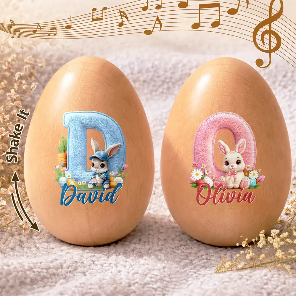 Faux Embroidery Effect Chenille Bunny Alphabet Letters - Personalized Musical Wooden Easter Egg Shaker