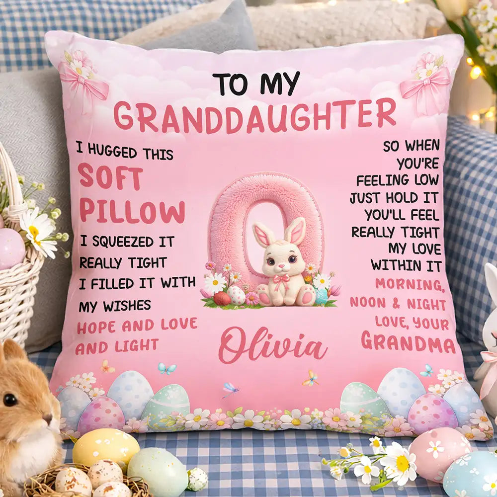 Easter,Gift For Kids,Gift For Grandkids,Grandma - Grandkids,Grandpa - Grandkids,Happy - Faux Embroidered Bunny Hugging Initial Letter - Personalized Pillow