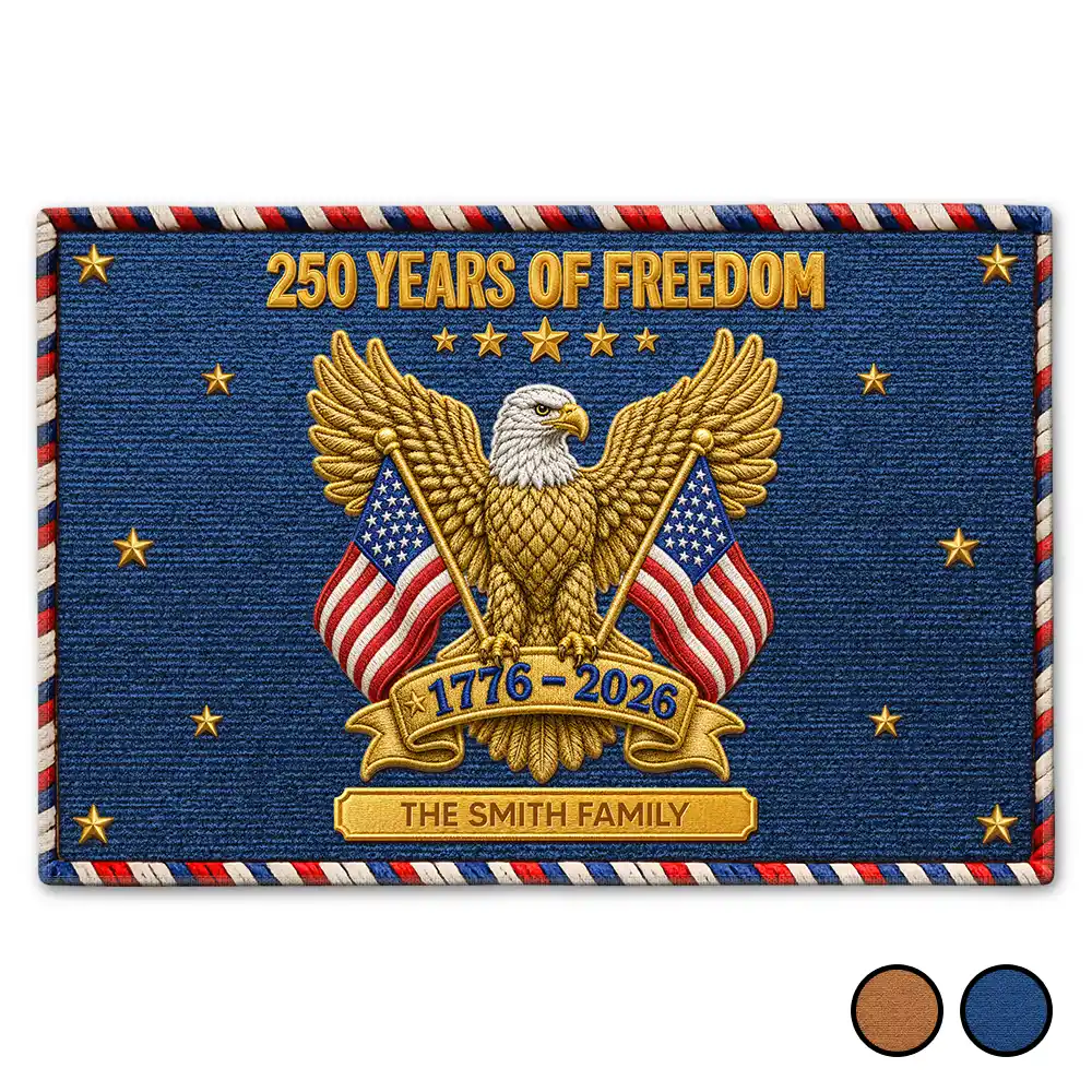 America 250th,Independence Day,Family,Proud,Icon - Faux Embroidery Effect 250 Years Of Freedom - Personalized Doormat