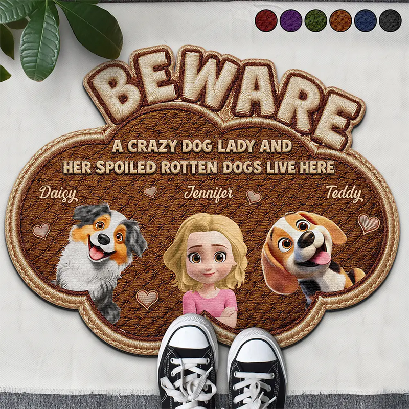 Pet Lovers,Pet Mom,Pet Dad,Pet Couple,Cat Lovers,Cat Mom,Cat Dad,Cat Couple,Dog Lovers,Dog Mom,Dog Dad,Dog Couple,Gift For Women,Gift For Men,Happy,Top Market - Faux Embroidery Effect A Crazy Cat Lady And Her Spoiled Rotten Dogs Cats - Personalized Custom Shaped Doormat