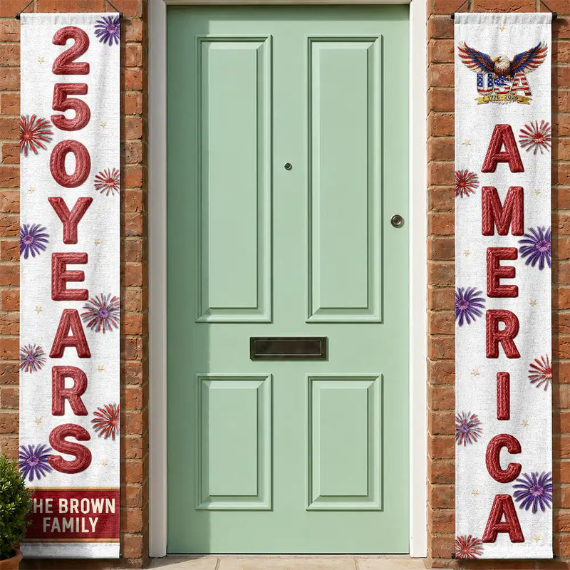 America 250th, Independence Day, Family, Proud, Custom Text - Faux Embroidery Effect America 250 Years Of Freedom - Personalized Porch Banners