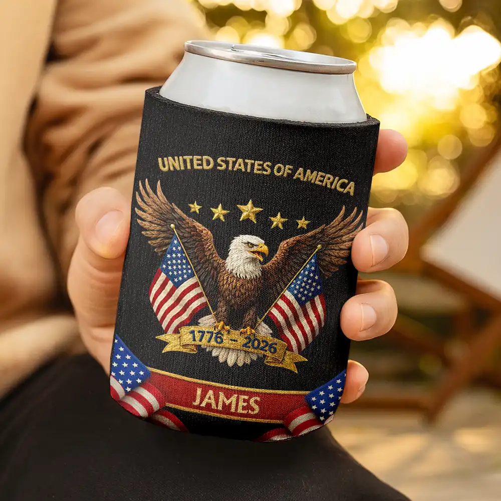 America 250th,Independence Day,Gift For Yourself,Proud,Custom Text - Faux Embroidery Effect America 250th Anniversary - Personalized Can Cooler Sleeve