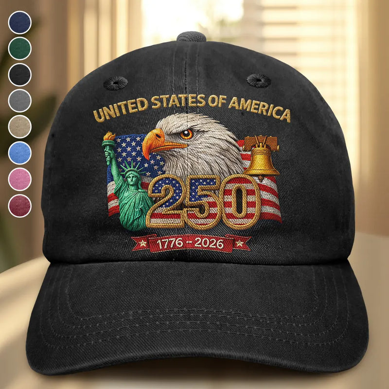 America 250th,Independence Day,Gift For Yourself,Proud,Custom Text - Faux Embroidery Effect America 250th Anniversary - Personalized Vintage Washed Denim Cap