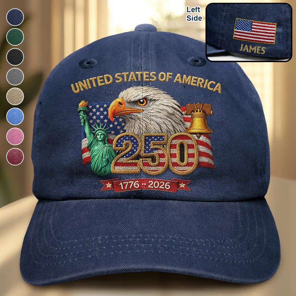 Faux Embroidery Effect USA 250th Anniversary - Personalized Vintage Washed Denim Cap
