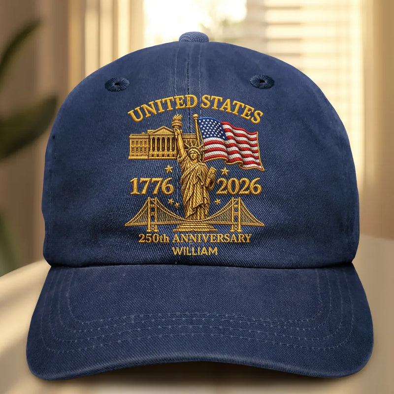 America 250th,Independence Day,Gift For Men,Gift For Yourself,Proud,Custom Text - Faux Embroidery Effect America 250th Anniversary - Personalized Vintage Washed Denim Cap